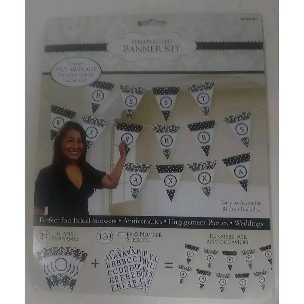 Party Banner Kit Personalized Amscan Black White Polka Dots Floral Scroll Create